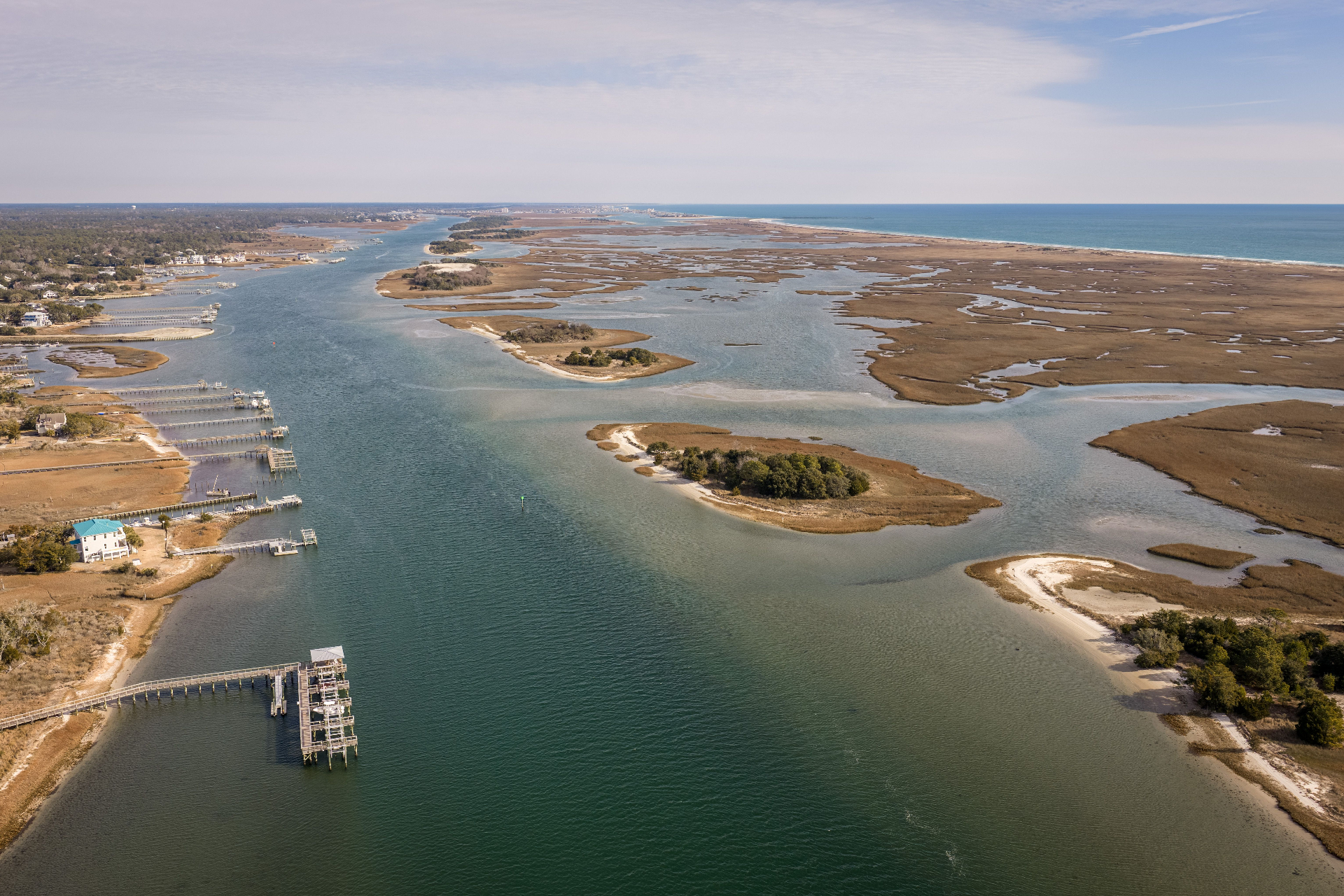 Aerial view of docks along the Intracoastal Waterway near Wilmington, NC
